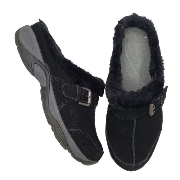Easy Spirit | "Each One" Black Leather Faux Fur Trim Slip On Loafers Women's 6.5 - Picture 1 of 10